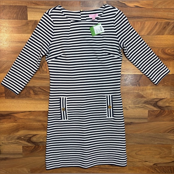 Lilly Pulitzer Charlene Dress S Navy White Ottoman Stripe Pockets Gold Buttons - Picture 2 of 10